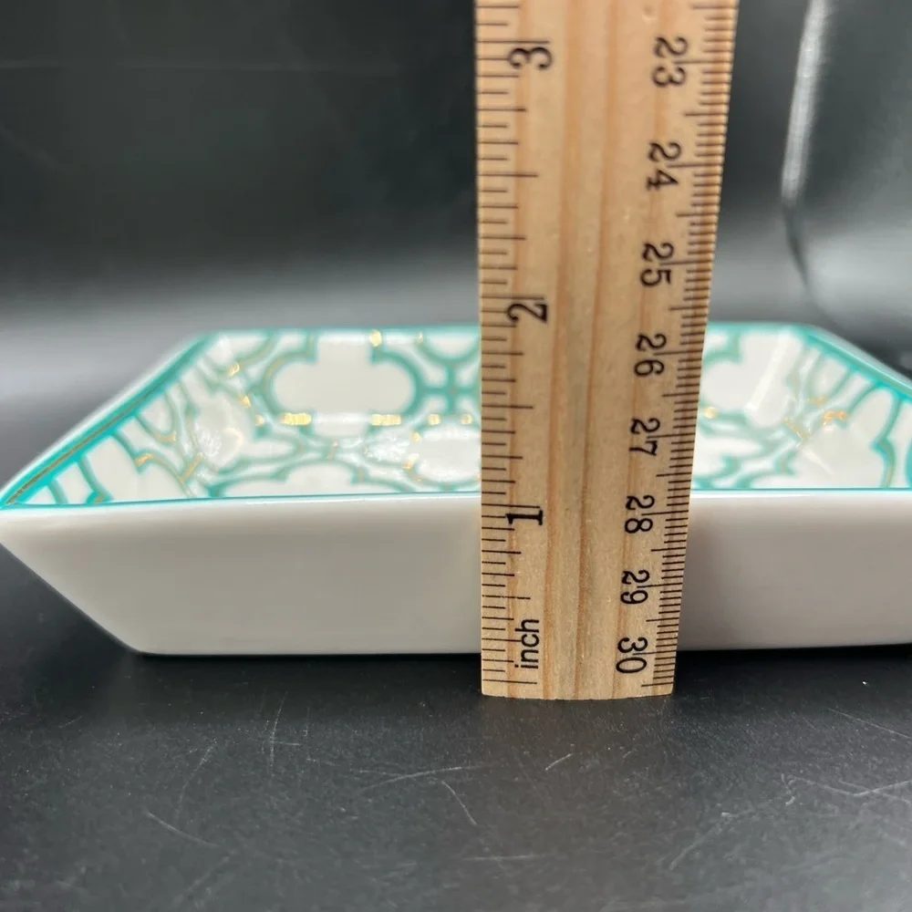 I. Godinger & Co. Trinket Jewelry Dish Tray Rectangle White W/ Teal & Gold